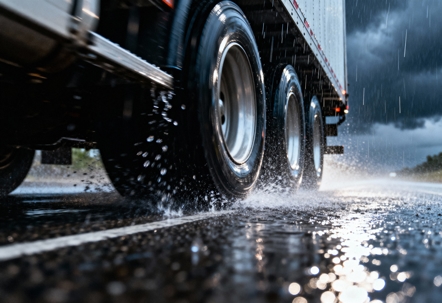 Close-up view of a semi-truck’s wheels driving through heavy rain, spraying water across a wet roadway under dark stormy skies.