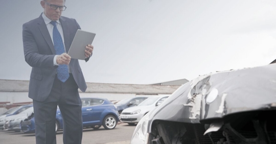 insurance adjuster looking at damage on a car